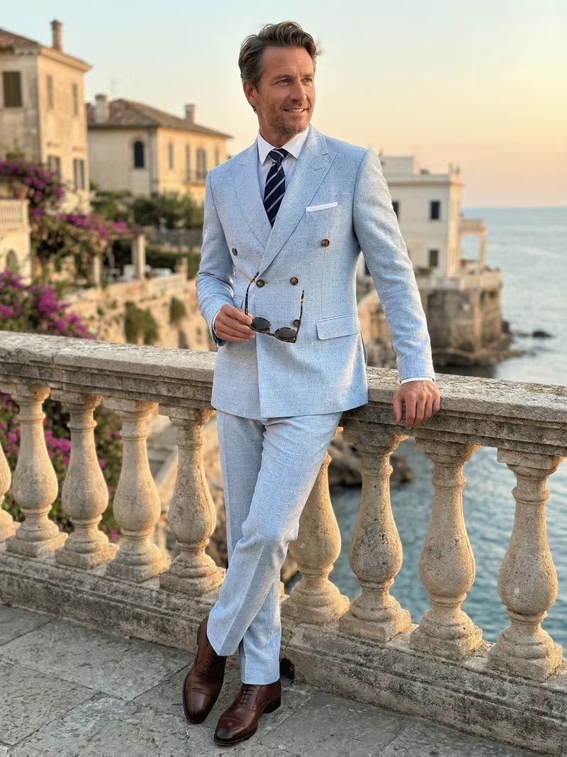 Men’s Light Blue Double-Breasted Suit Set